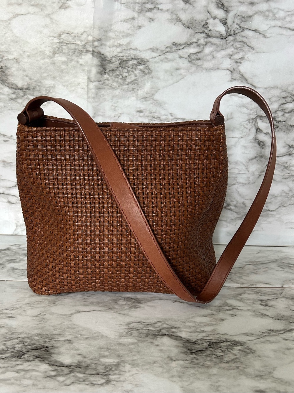 Fossil | Brown Woven Shoulder Bag with leather strap and leather details